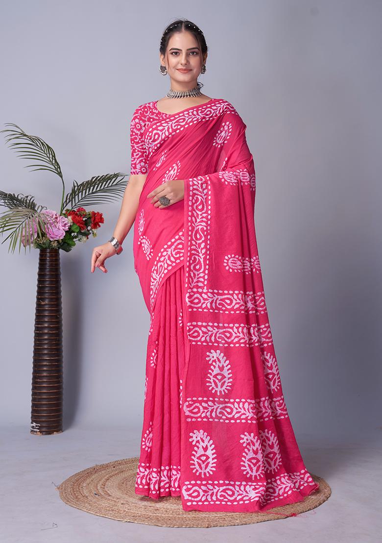 Pink Batik Print Cotton Saree Set With Belt