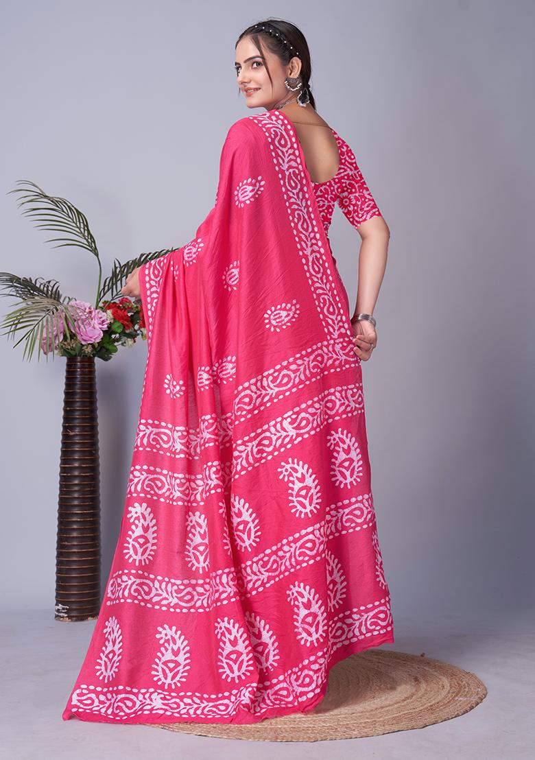 Pink Batik Print Cotton Saree Set With Belt