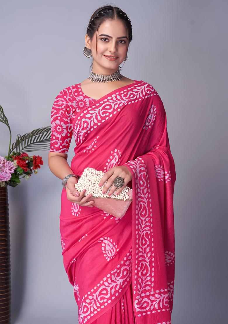 Pink Batik Print Cotton Saree Set With Belt