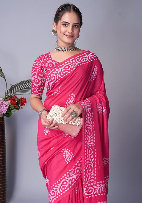 Pink Batik Print Cotton Saree Set With Belt