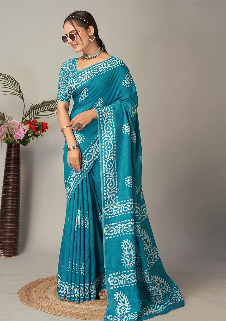 Blue Batik Print Cotton Saree Set With Belt