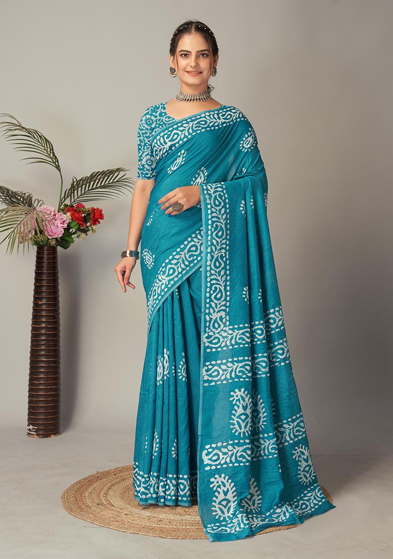 Blue Batik Print Cotton Saree Set With Belt