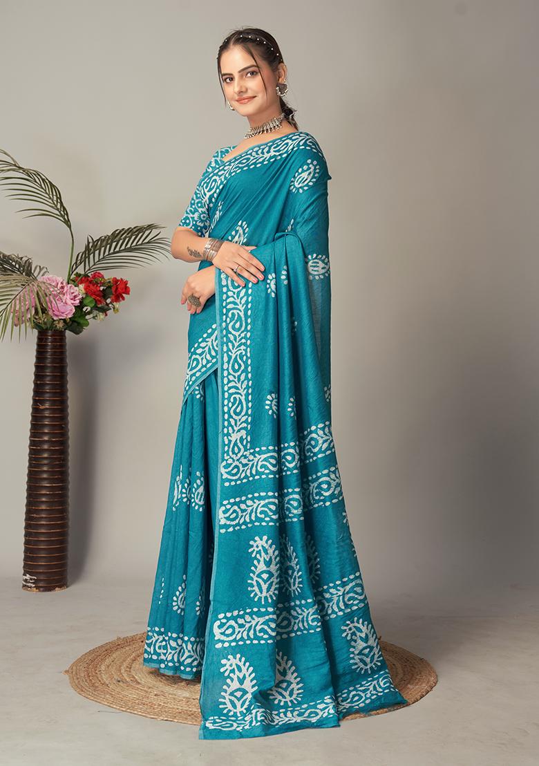 Blue Batik Print Cotton Saree Set With Belt