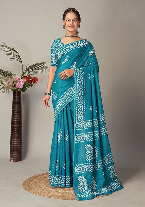 Blue Batik Print Cotton Saree Set With Belt