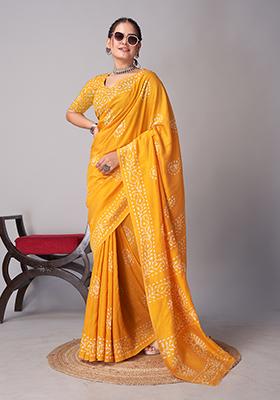 Yellow Batik Print Cotton Saree Set With Belt