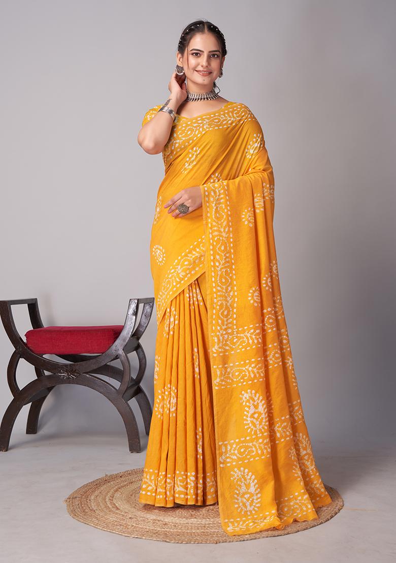 Yellow Batik Print Cotton Saree Set With Belt