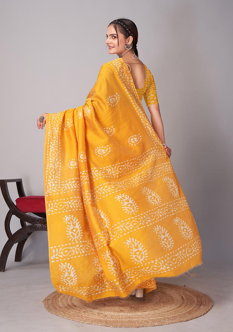 Yellow Batik Print Cotton Saree Set With Belt
