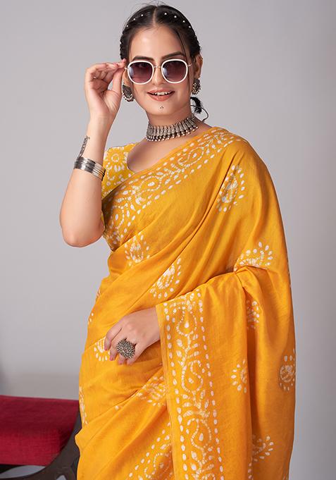 Yellow Batik Print Cotton Saree Set With Belt