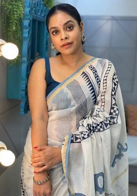 Blue Digital Print Mul Cotton Saree Set