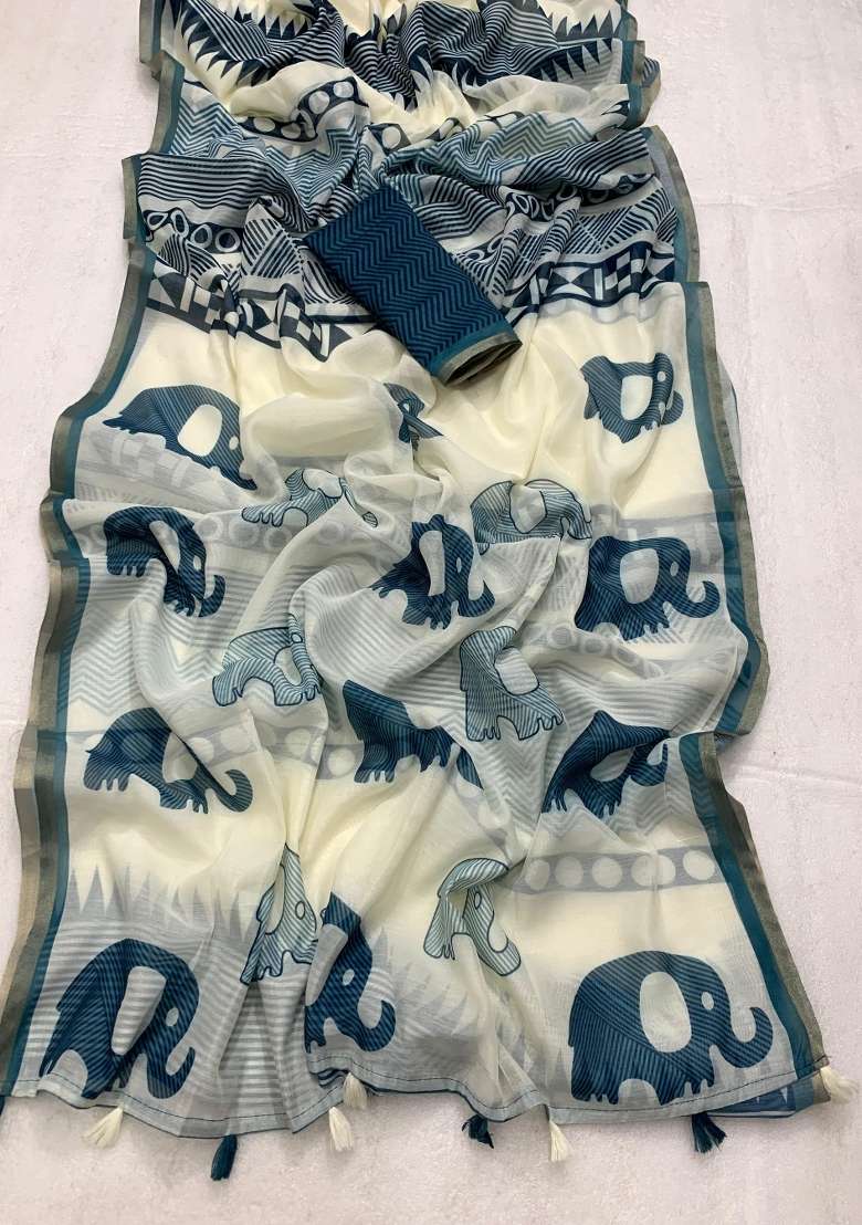 Blue Digital Print Mul Cotton Saree Set for Diwali and Festive Wear - Indya