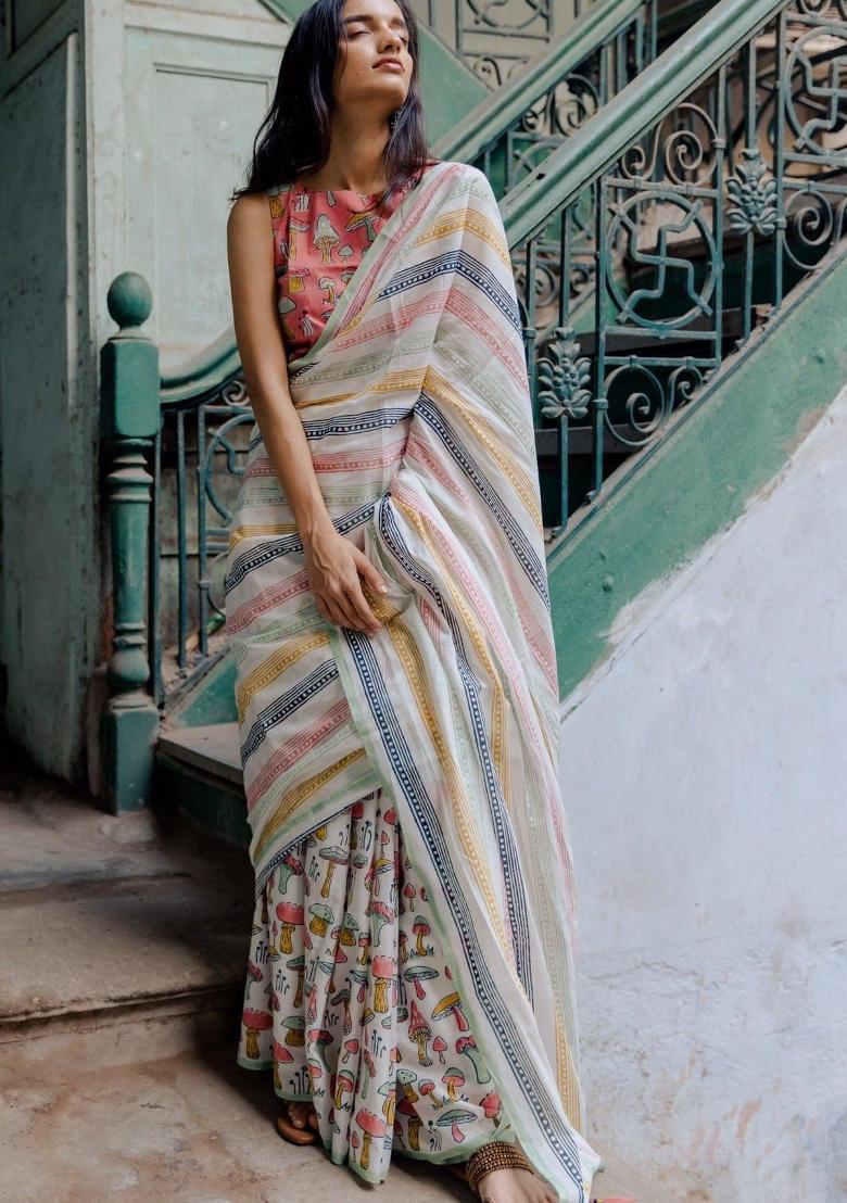 Multicolor Digital Print Mul Cotton Saree Set