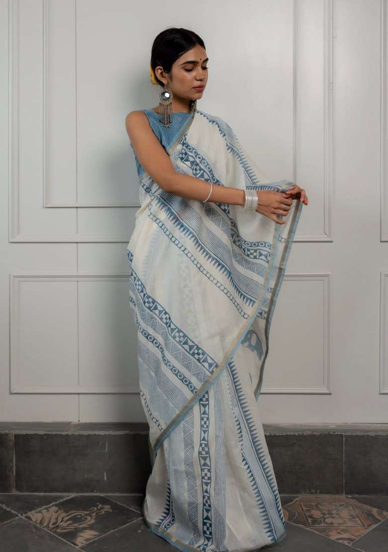 Blue Mul Cotton Saree Set with Digital Print for Diwali | Wedding & Festive Wear - Indya