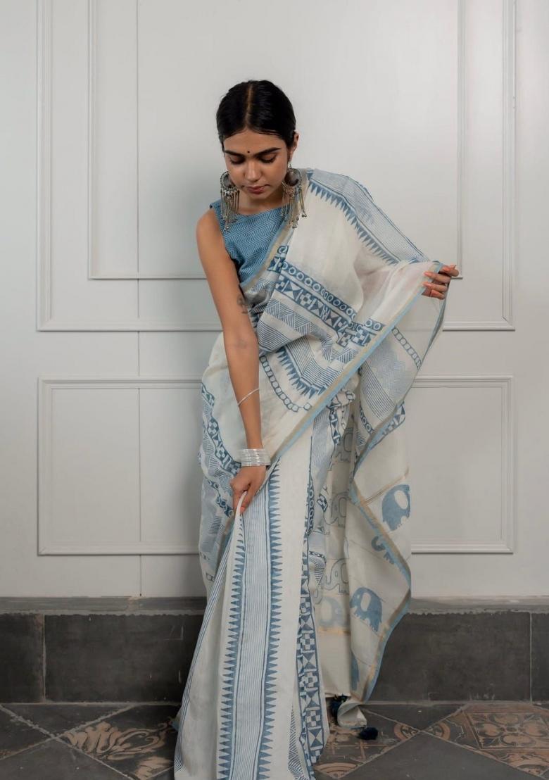 Blue Digital Print Mul Cotton Saree Set