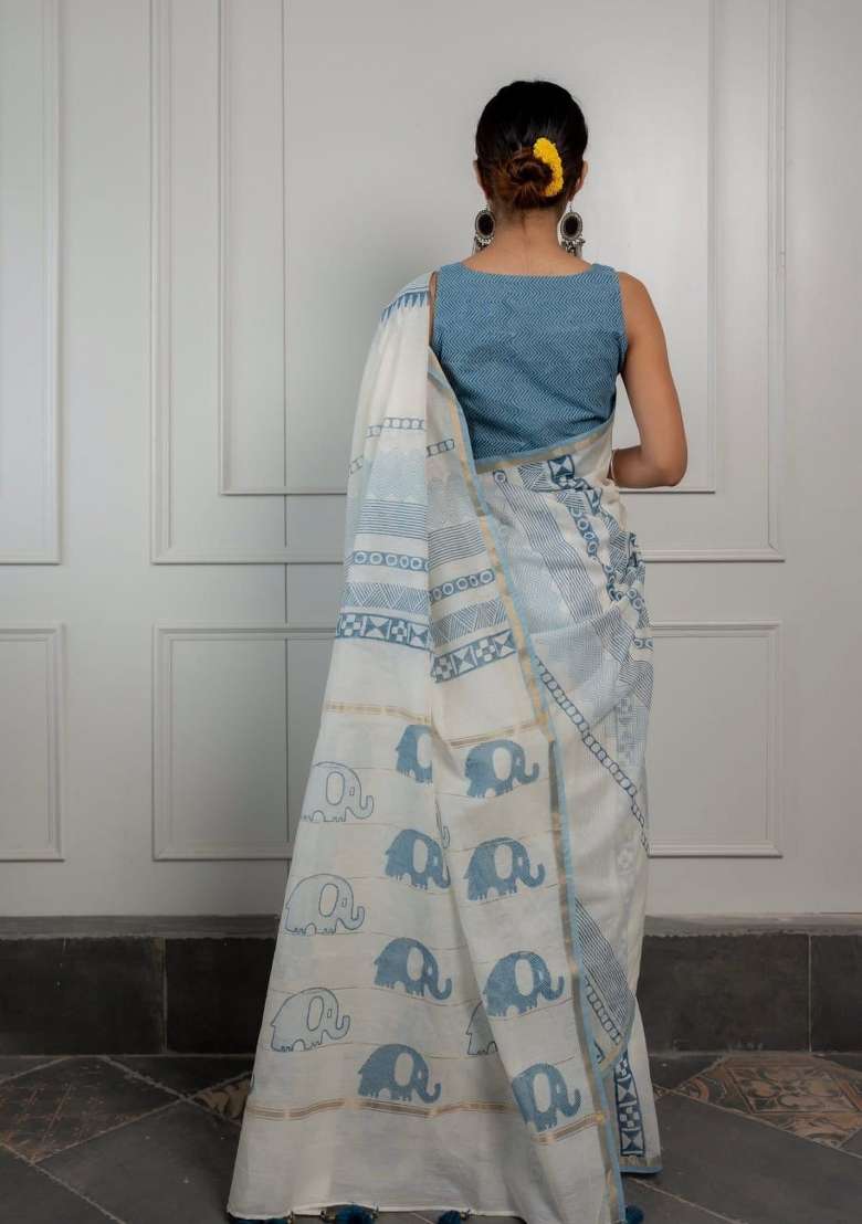 Blue Mul Cotton Saree Set with Digital Print for Diwali | Wedding & Festive Wear - Indya