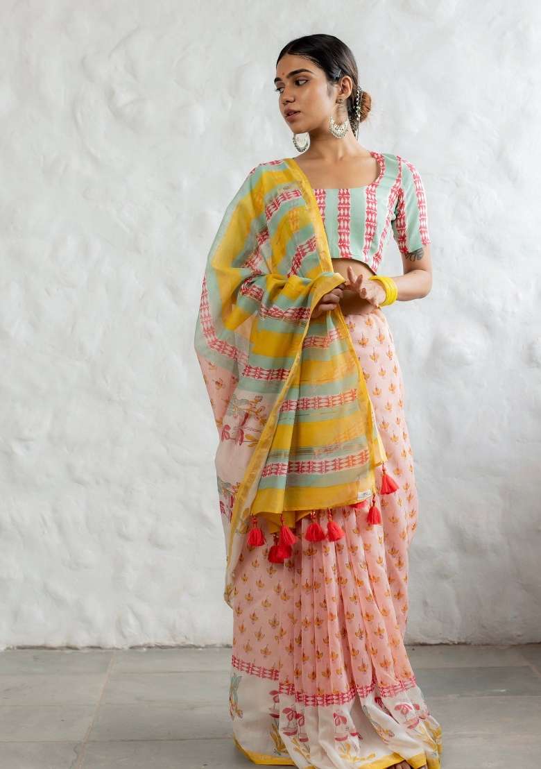 Multicolor Mul Cotton Saree Set with Digital Print for Diwali | Wedding & Festive Wear - Indya