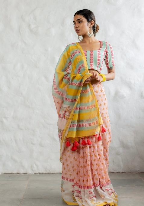 Multicolor Digital Print Mul Cotton Saree Set