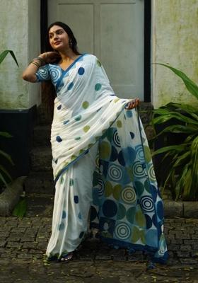 Blue Digital Print Mul Cotton Saree Set
