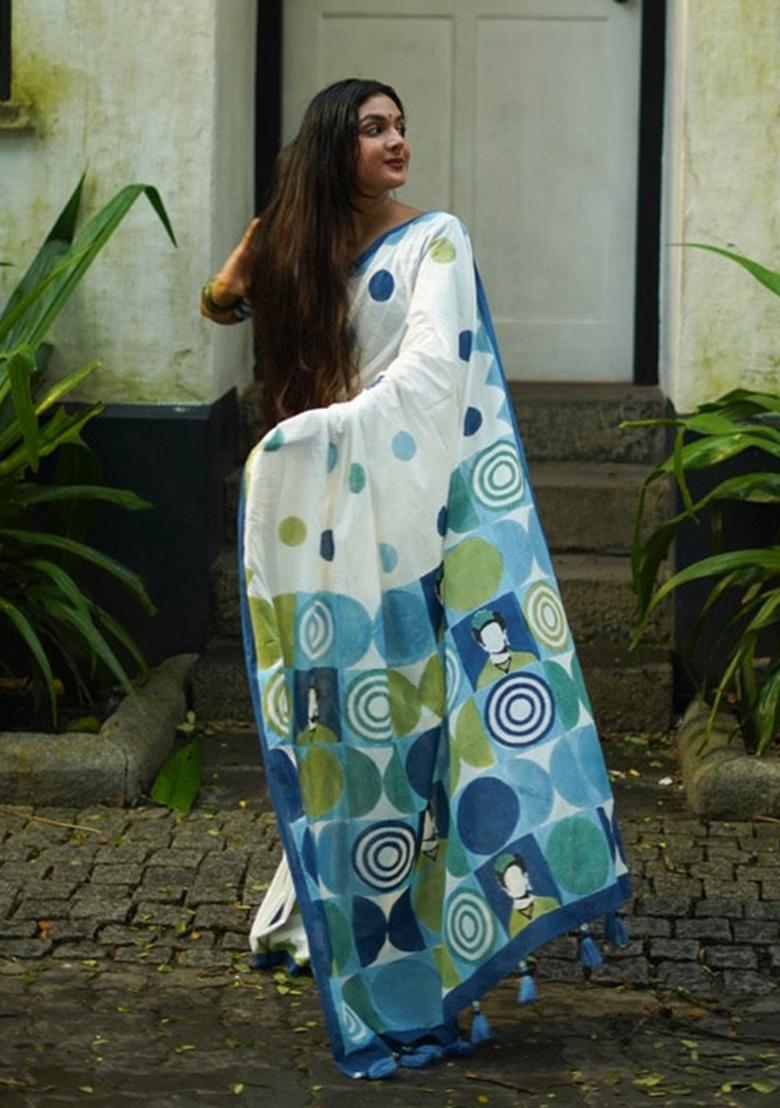 Blue Digital Print Mul Cotton Saree Set