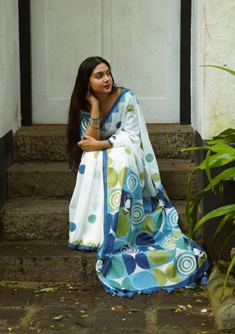 Blue Digital Print Mul Cotton Saree Set