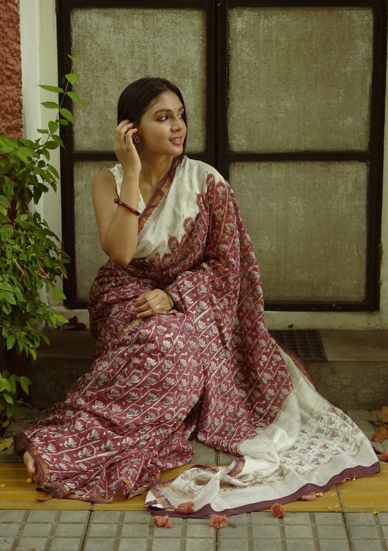 Purple Digital Print Mul Cotton Saree Set