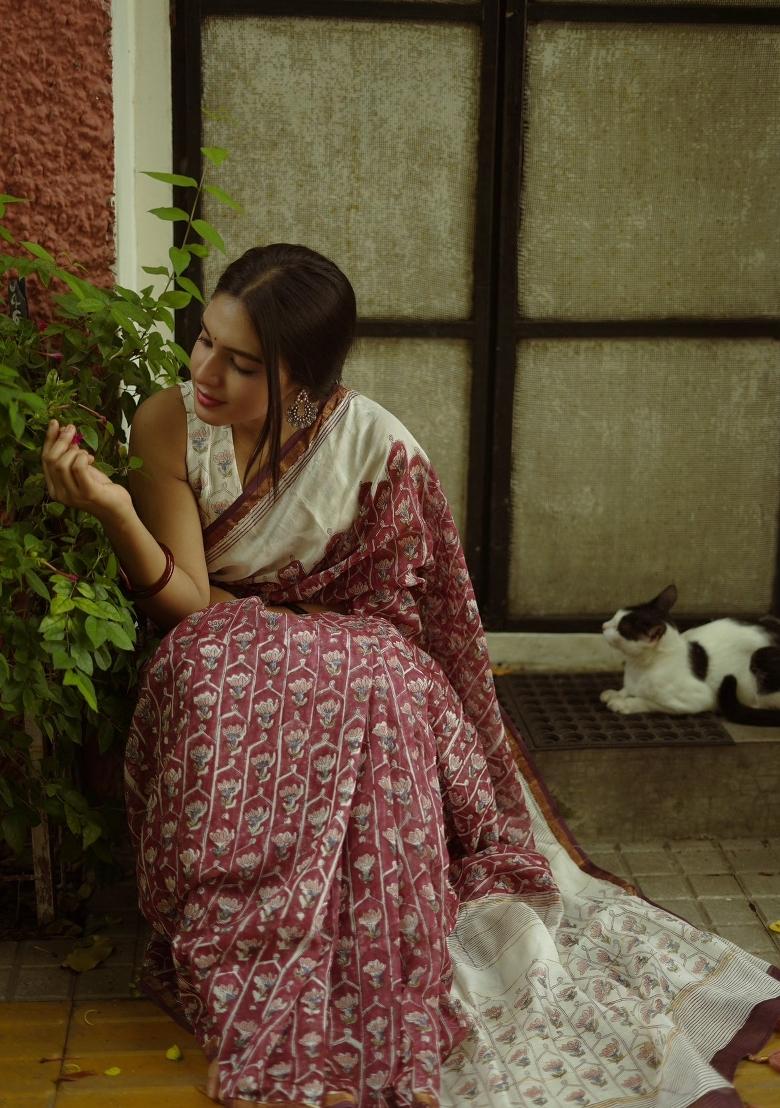 Purple Digital Print Mul Cotton Saree Set