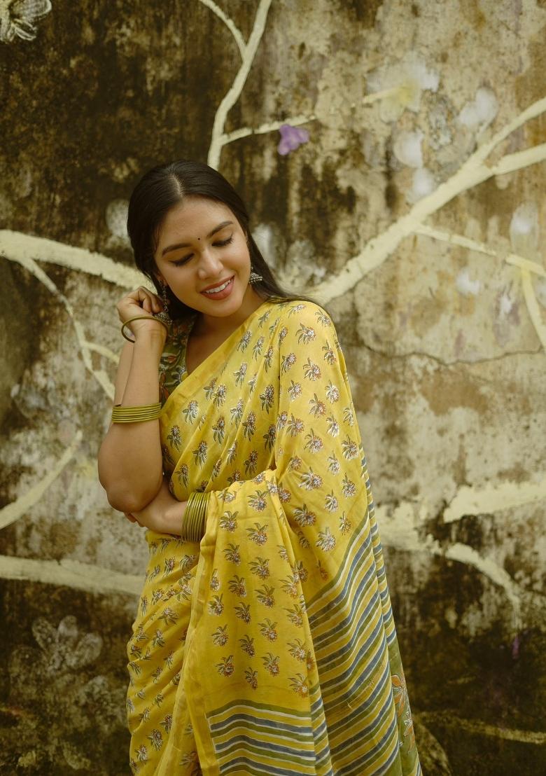 Yellow Digital Print Mul Cotton Saree Set