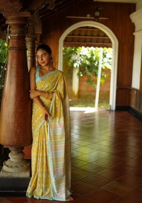 Yellow Digital Print Mul Cotton Saree Set