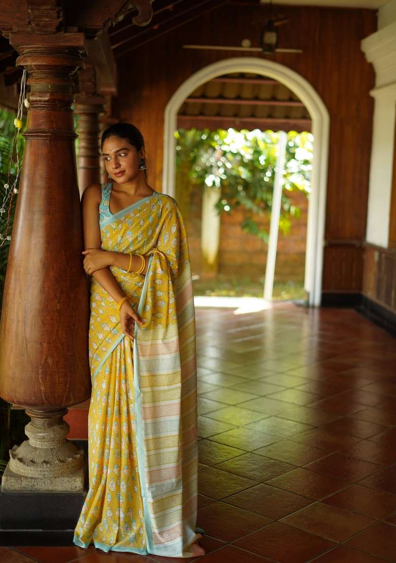 Yellow Digital Print Mul Cotton Saree Set - Indya