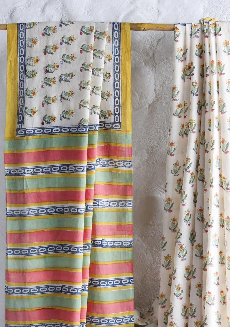 White Digital Print Mul Cotton Saree Set