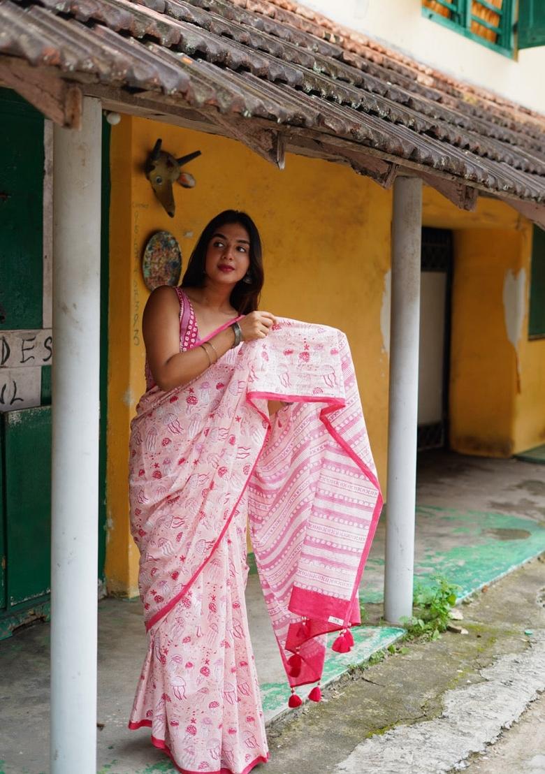 Pink Digital Print Mul Cotton Saree Set
