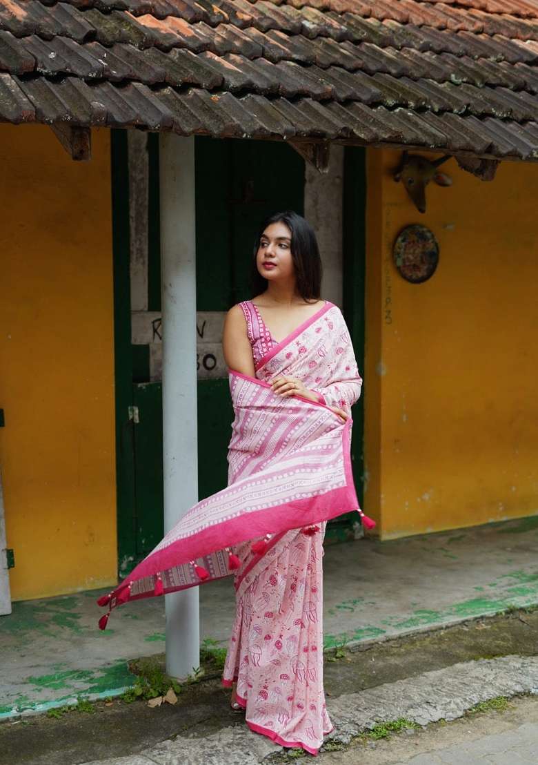 Pink Digital Print Mul Cotton Saree Set - Indya