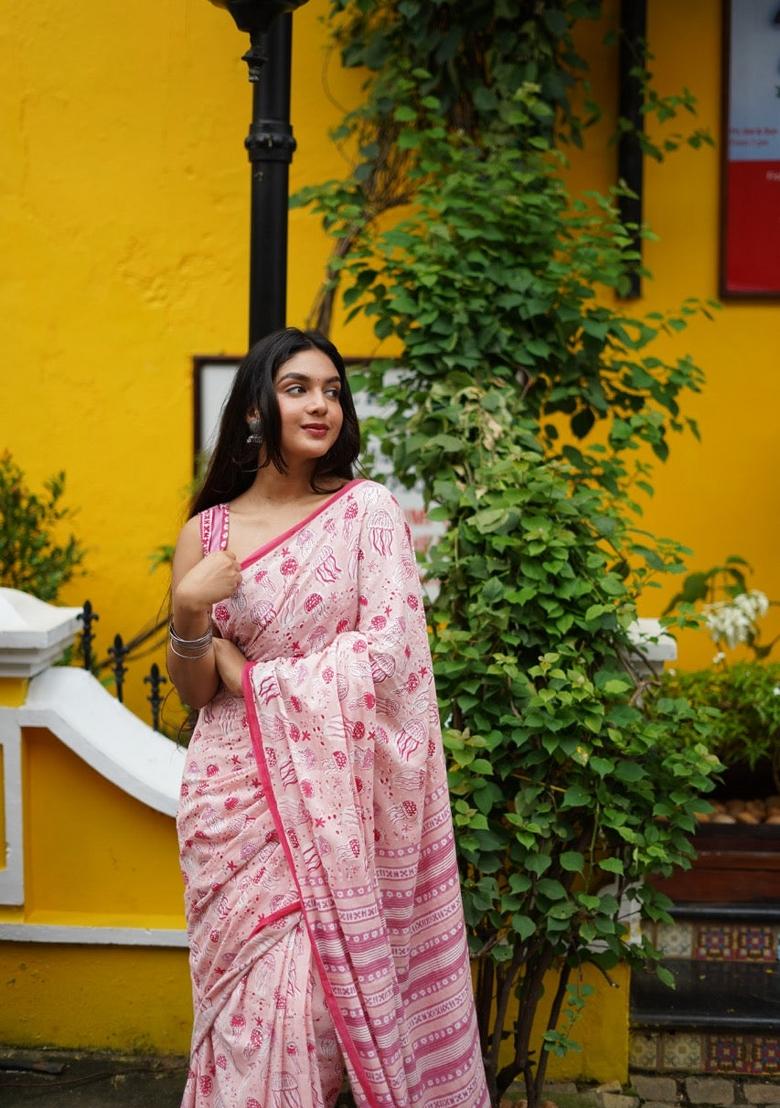 Pink Digital Print Mul Cotton Saree Set