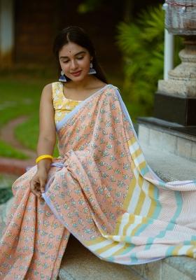 Peach Digital Print Mul Cotton Saree Set