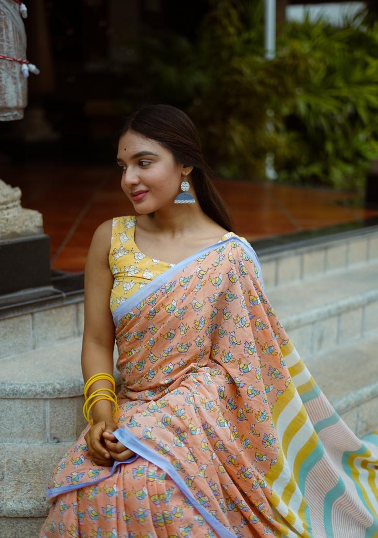 Peach Digital Print Mul Cotton Saree Set