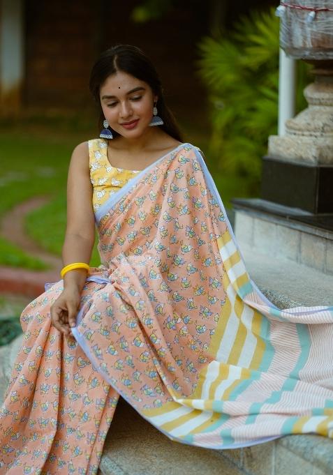 Peach Digital Print Mul Cotton Saree Set