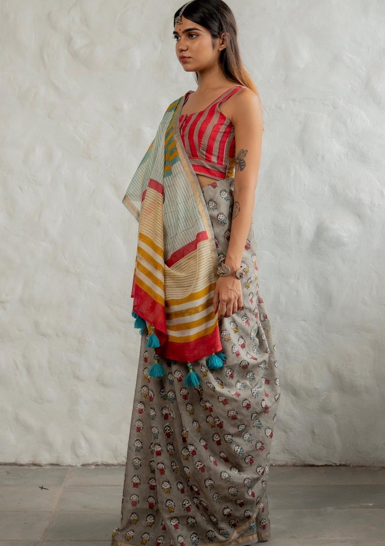 Grey Digital Print Mul Cotton Saree Set