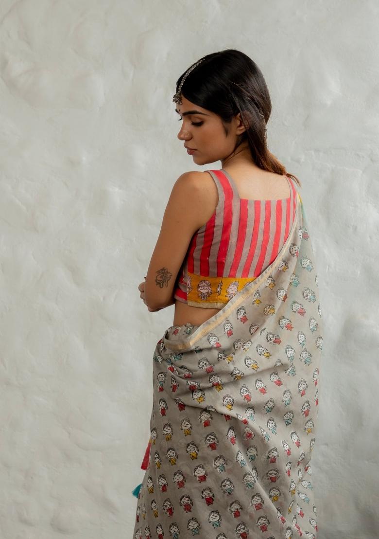 Grey Digital Print Mul Cotton Saree Set