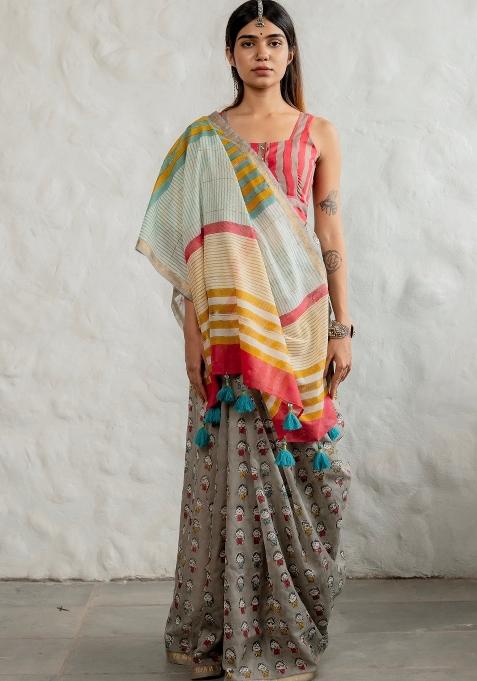 Grey Digital Print Mul Cotton Saree Set