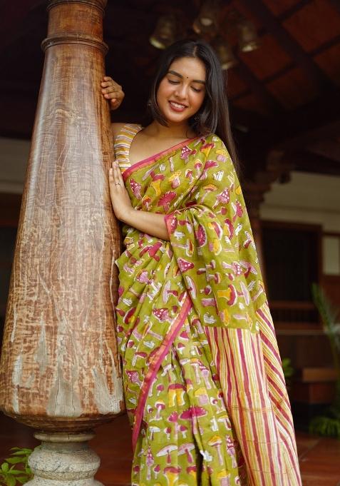 Mehndi Green Digital Print Mul Cotton Saree Set