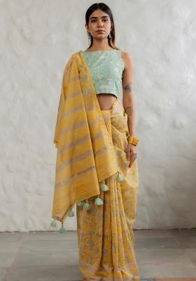 Lemon Yellow Digital Print Mul Cotton Saree Set