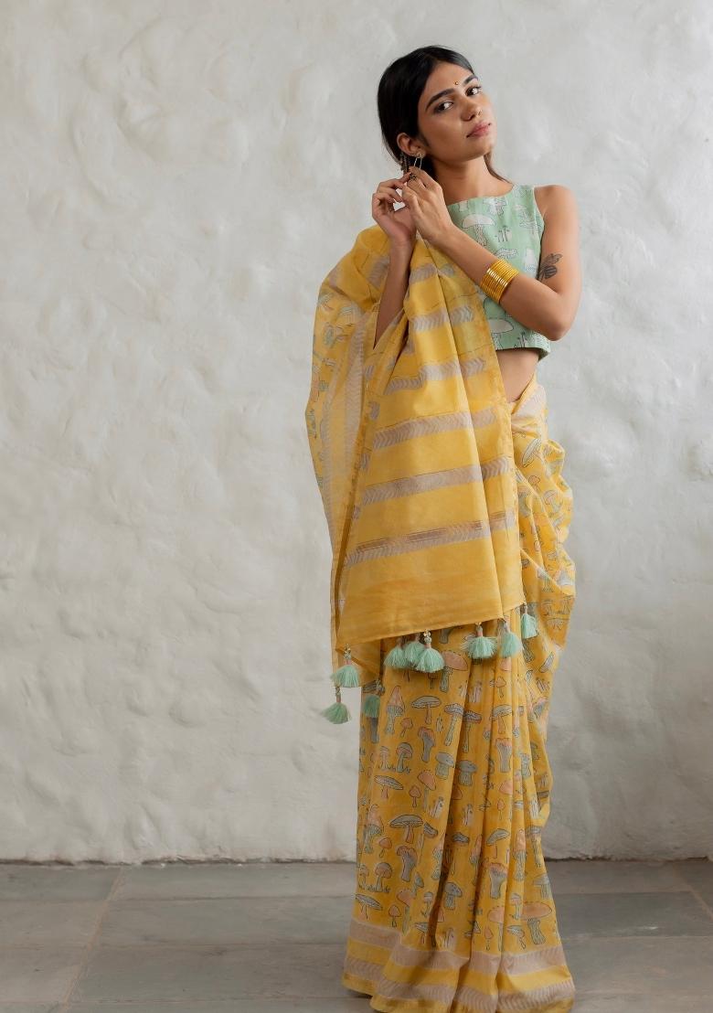 Lemon Yellow Digital Print Mul Cotton Saree Set