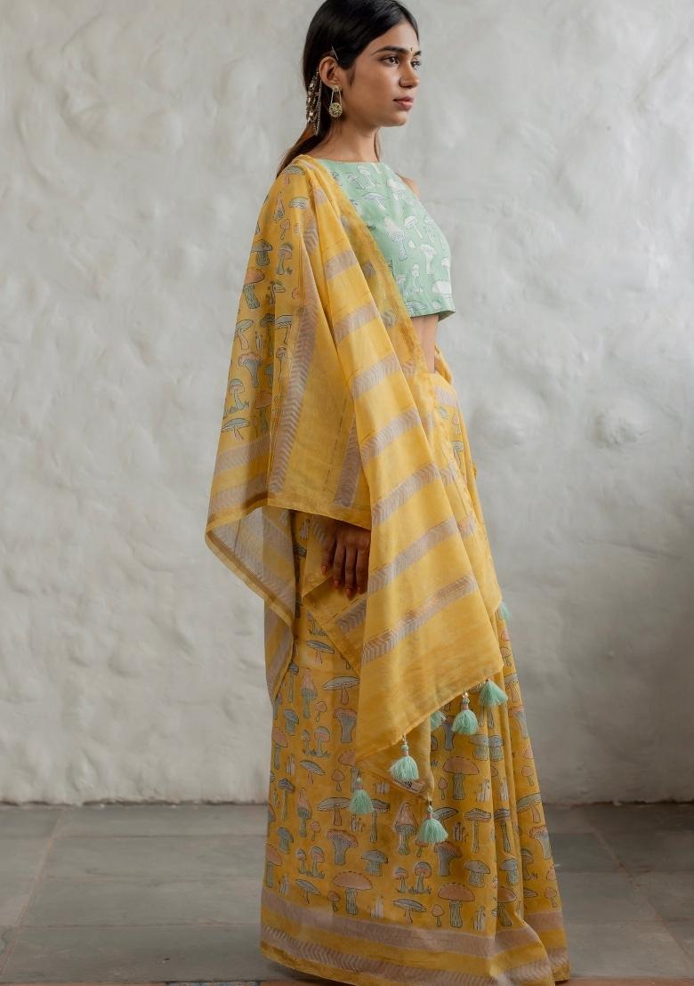 Lemon Yellow Digital Print Mul Cotton Saree Set
