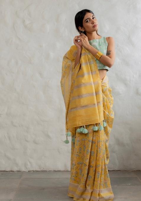 Lemon Yellow Digital Print Mul Cotton Saree Set