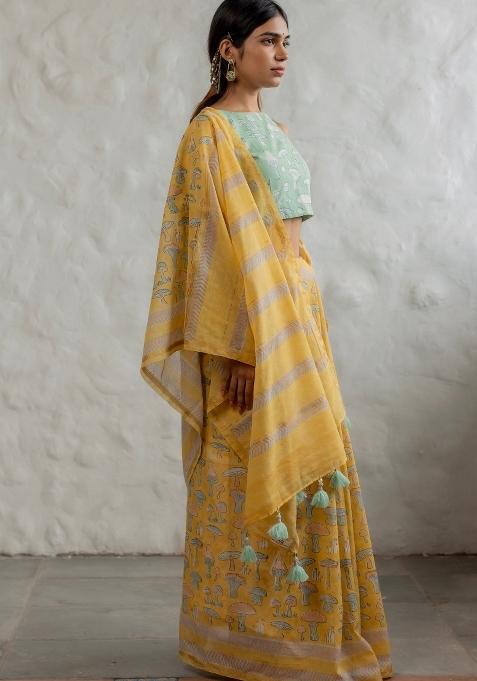 Lemon Yellow Digital Print Mul Cotton Saree Set