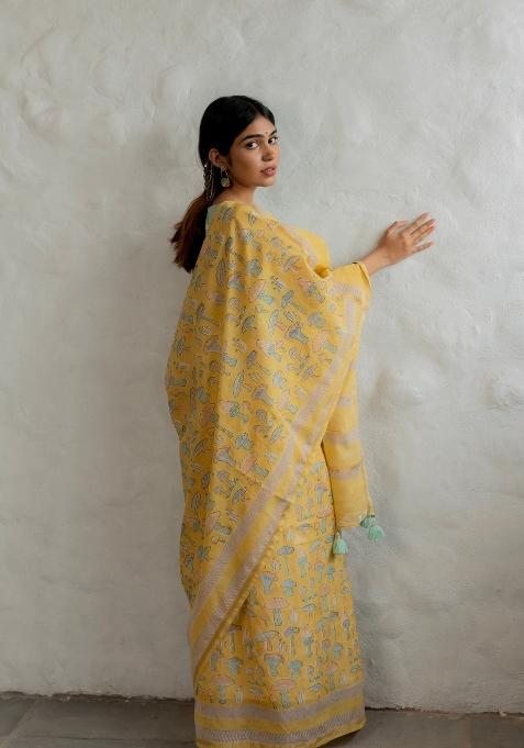 Lemon Yellow Digital Print Mul Cotton Saree Set