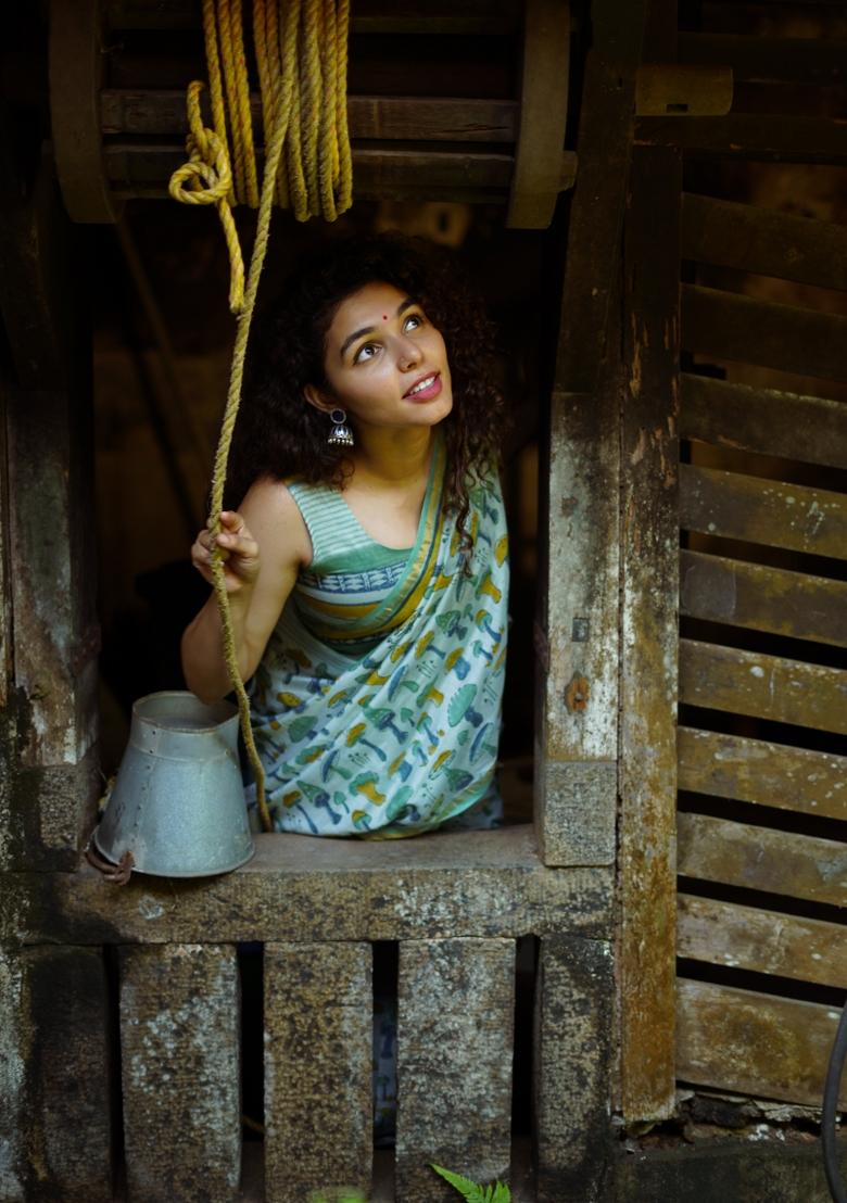 Light Blue Digital Print Mul Cotton Saree Set