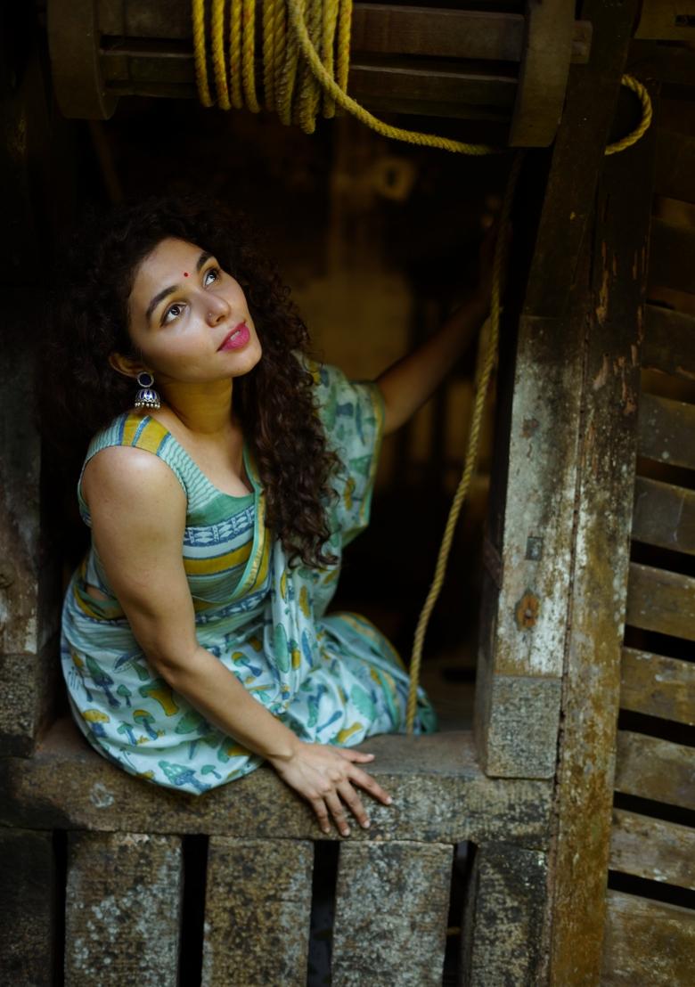 Light Blue Digital Print Mul Cotton Saree Set