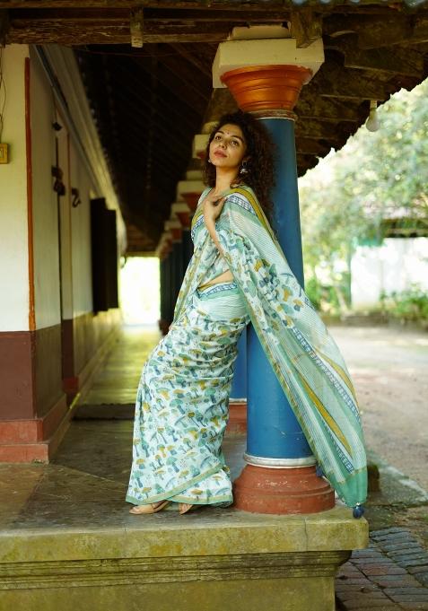 Light Blue Digital Print Mul Cotton Saree Set