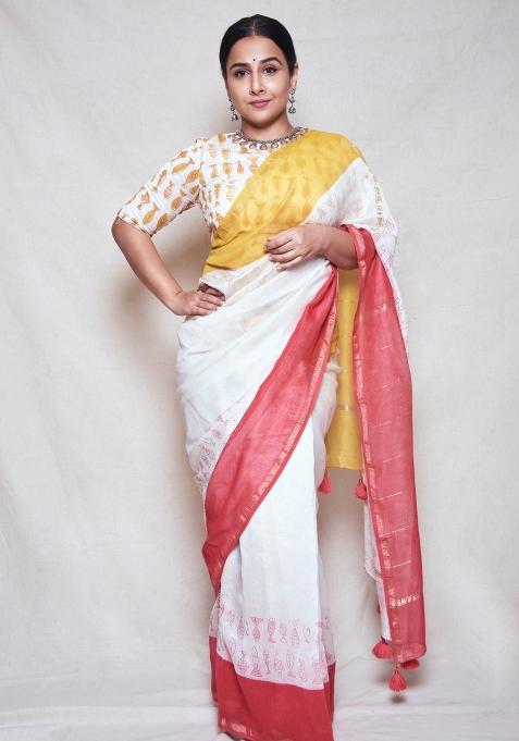 Off White Digital Print Mul Cotton Saree Set