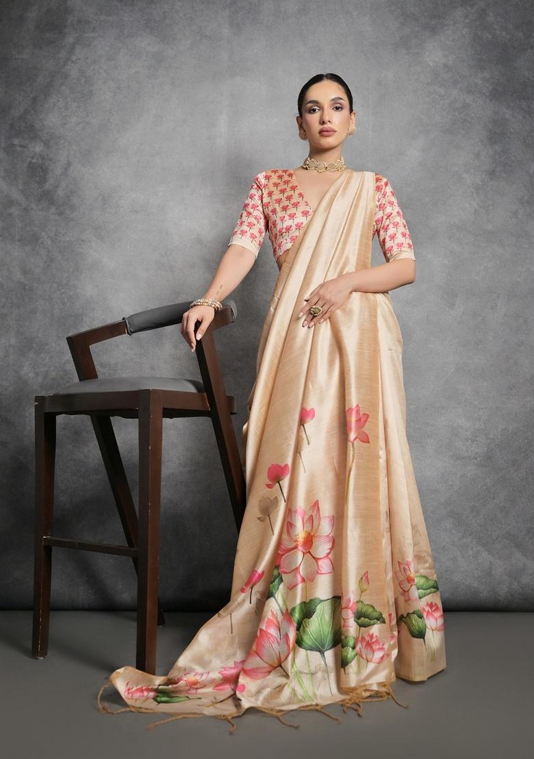 Beige Digital Print Tussar Silk Saree Set